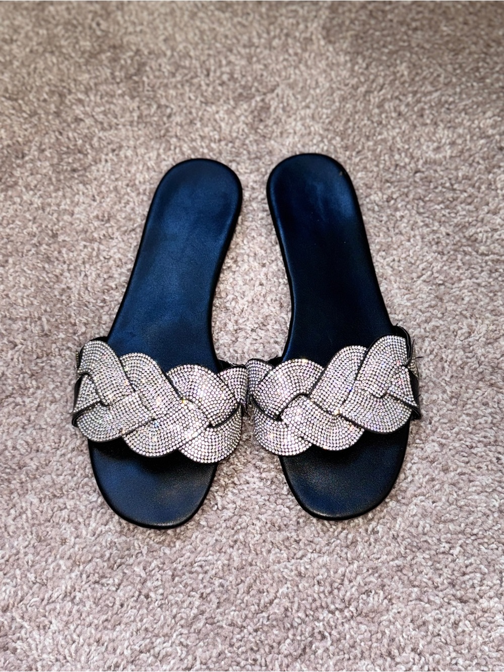 Beaded Rhinestone Slide Sandals - Black & Silver